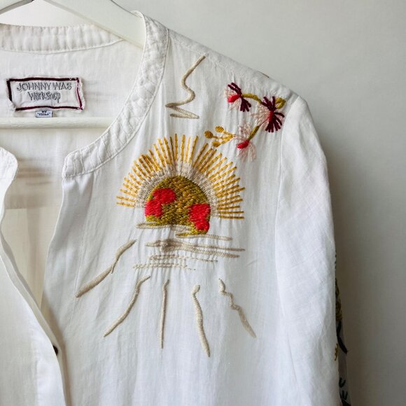 Johnny Was Safari Embroidered Button-Up Blouse, white, size XS - Picture 5 of 10